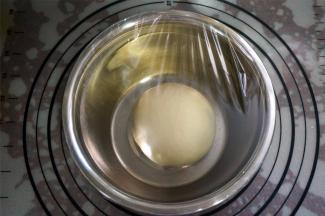 将面团揉圆，盖上保鲜膜，放入烤箱，用发酵程序发酵。