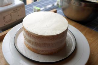 最后一层表面无需夹入水果，直接抹平即可。蛋糕体四周用刮刀抹去多余的奶油。