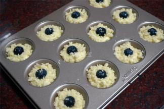 将蛋糕糊挤入模具中，挤1/2的量即可。放上一颗新鲜蓝莓，然后将酥粒均匀地撒到麦芬面糊顶部。