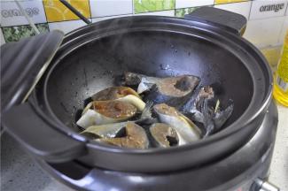 电砂锅里加少许油微热，将腌制好的鱼块平铺在锅里。