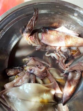 1、	将笔管鱼放入一个盆中，先拔出头部清洗干净，用剪刀煎开，顺着脊背内侧有一条透明的类似塑料的东西，把它抽出来，，取出内脏，内脏里有一个黑色的东东要小心取出