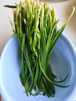 4、	韭菜去黄叶洗净控干水分