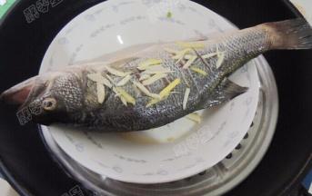 鲈鱼清洗干净，抹少量盐加生姜、料酒腌渍15分钟