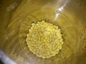 洗净泡涨的黄豆放入豆浆机中，加入水至上下水位线之间，开启电源开始磨豆浆