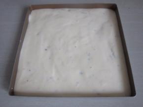 将蛋糕糊倒入烤盘中用刮刀抹平，用力震两下。