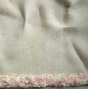 把肉泥放在豆皮的一边角