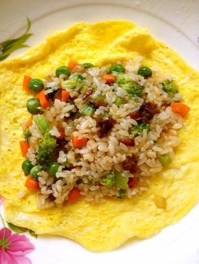 鸡蛋饼倒扣在盘子内，加入适量的炒饭