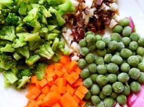西兰花切小碎朵，过热水烫一下，胡萝卜、洋葱、腊肉切丁，装盘备用