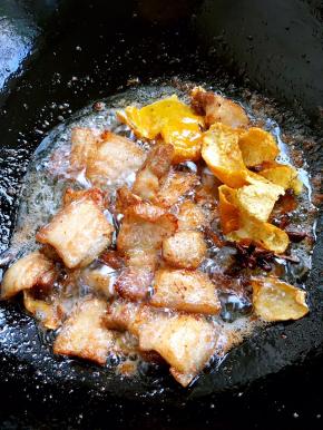 五花肉洗干净，切薄片，冷锅下入，小火加热，不停的翻炒，直到出了很多油，变色，加花椒大料，桂皮，姜片翻炒一会，再加入陈皮，砂糖，酱油炒一会，加入适量的盐，料酒，之后多加点开水炖半个小时