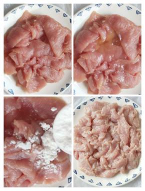 里脊肉洗干净切薄片，加入料酒，盐，淀粉，蛋清 搅拌均匀
