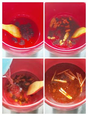 再加入豆瓣酱，待炒出红油后加入姜片，蒜瓣炒香。再加入清水烧开(注意，这一个步骤也只有干烧急冷都不破的砂锅才能操作)。