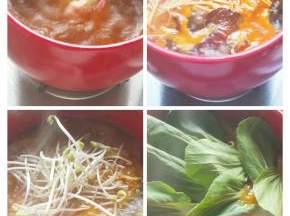 待水烧开， 一片片放入肉片，再放入木耳，金针菇，煮几分钟，继续放入豆芽，青菜