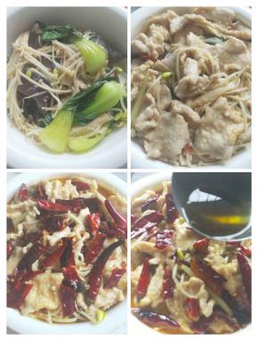 煮熟之后将菜捞出放入碗中，再把之前的干辣椒，花椒铺在上面。另起油锅，把油烧至冒烟，再将热油倒进碗中。