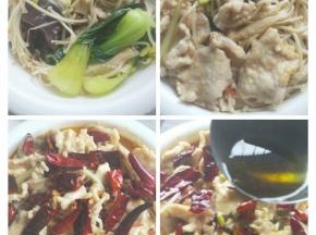 煮熟之后将菜捞出放入碗中，再把之前的干辣椒，花椒铺在上面。另起油锅，把油烧至冒烟，再将热油倒进碗中。