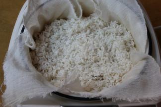 用蒸隔布垫在电饭锅蒸隔篮上，倒入糯米，电饭锅放适量水;PS：用竹蒸笼最好，有竹子清香