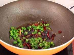 锅中留少许油，放入干辣椒、青辣椒爆炒；