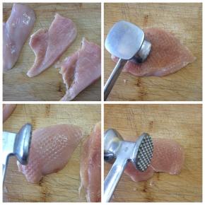 片成薄片，用肉锤敲软，敲大，没有肉锤的可以用刀背来敲