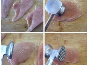 片成薄片，用肉锤敲软，敲大，没有肉锤的可以用刀背来敲