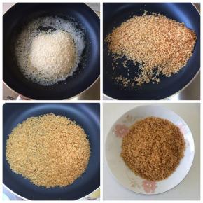 取一平底锅，放少许油，油热后开小火，放入面包糠，小火翻炒至面包糠呈金黄色，倒出放凉备用。
烤箱230度预热