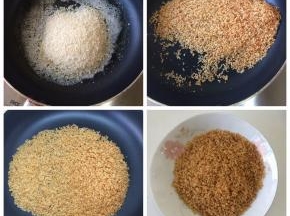取一平底锅，放少许油，油热后开小火，放入面包糠，小火翻炒至面包糠呈金黄色，倒出放凉备用。
烤箱230度预热