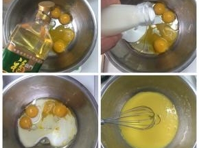 直接在蛋黄盆中倒入牛奶和玉米油称重，用手抽搅拌蛋黄，做好乳化。
注：不熟练的朋友可以先将玉米油和牛奶称量好再倒入蛋黄中。