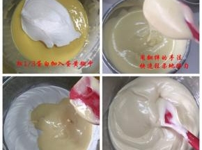 取1/3蛋白霜至蛋黄糊中用一体式刮刀翻拌均匀，随后将翻拌均匀的蛋糕糊倒入剩下的蛋白霜中，用一体式刮刀翻拌均匀，此时注意拌好的蛋糕糊的状态，如果太干的话建议再加点牛奶拌至蛋糕糊细腻，看不见白色蛋白霜。