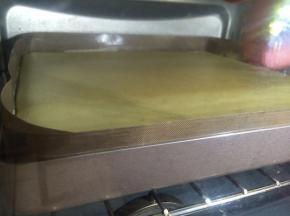 将金盘放入180度预热好的烤箱中层，上下火160度烤20分钟后，转上下火180度烤具体时间以上色为准，上色满意后用牙签试，烤至无面糊带出即可出炉。
注：如果是准备做反卷，则可以忽视蛋糕的上色情况，只要20分钟后用牙签测试，蛋糕烤熟即可出炉。