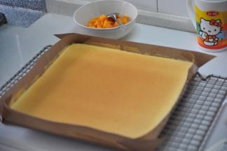 出炉后将蛋糕拎出，移至凉架上，表面盖上油纸或是毛巾