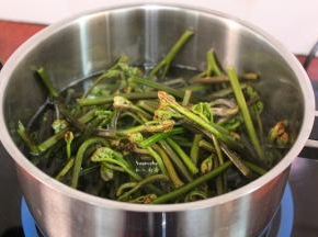 清水煮沸，放入洗净的蕨菜，汆烫至熟；