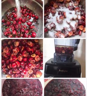 樱桃洗净，扒开去核一分为二，约650克，加入白糖淹制直至白糖完全融化，取160克樱桃加入150克水用破壁机打细，和余下的樱桃一起放入不粘锅中大火煮开转小火慢慢熬，我大约熬了半小时，开始浓绸了加入新鲜柠檬汁继续熬10分钟左右