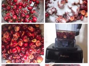 樱桃洗净，扒开去核一分为二，约650克，加入白糖淹制直至白糖完全融化，取160克樱桃加入150克水用破壁机打细，和余下的樱桃一起放入不粘锅中大火煮开转小火慢慢熬，我大约熬了半小时，开始浓绸了加入新鲜柠檬汁继续熬10分钟左右