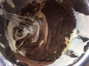 蛋黄糊加入一点蛋白翻拌后，加入可可粉翻拌均匀，之后再将剩下的蛋白加入翻拌均匀，翻拌的时候预热烤箱160度