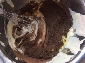 蛋黄糊加入一点蛋白翻拌后，加入可可粉翻拌均匀，之后再将剩下的蛋白加入翻拌均匀，翻拌的时候预热烤箱160度