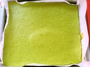 烤箱预热160度，烤盘铺油纸，将蛋糕糊倒入到烤盘内，用刮刀刮平整，之后再轻轻磕几下，震出气泡，入烤箱150度烤25分钟，出炉放一旁凉透备用