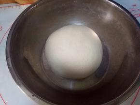 接下来做包子皮：先用少许水将酵母化开，倒入面粉中，加入清水，揉成光滑的面团，盖保鲜膜进行发酵。