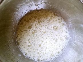 蛋白加几滴柠檬汁打发至硬性发泡，打蛋器全程低速打发蛋白更稳定，分三次加入砂糖，打出大眼泡状加入第一次砂糖