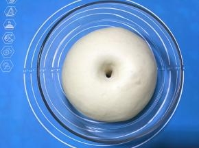 面团发酵到2倍大时，用食指蘸少量高粉，在面团上戳一个小洞，洞口不回缩不塌陷就说明第一次发酵结束。