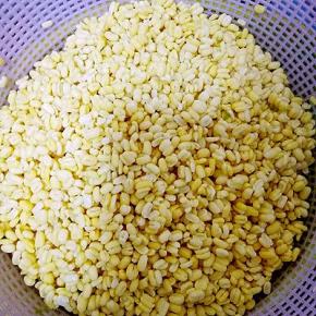 绿豆浸泡16个小时以上，手搓去绿豆皮（我承认去皮过程真的很虐心，如果嫌麻烦可以买去皮的绿豆）