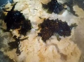 烧开后，加入撕小块的紫菜，滴几滴麻油，几滴生抽，调味出锅。