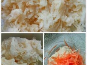 莲藕洗干净，去皮切丝，挤掉多余水分，胡萝卜也一样切丝