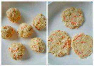 再搓成一个个小球，然后用手压平