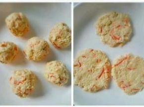 再搓成一个个小球，然后用手压平