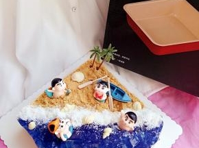 然后把椰蓉撒在分界线上做为浪花。