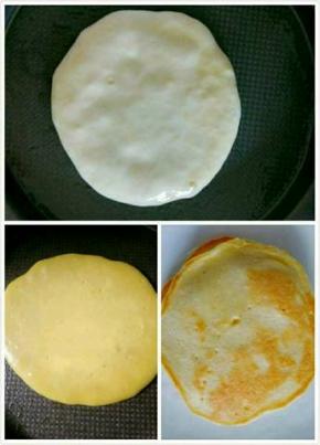 准备不粘锅，放一点油，面糊放入锅中，煎到冒小泡，再翻面，煎至两面金黄即可