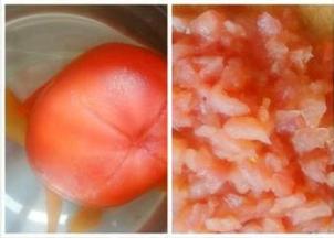 西红柿在开水中烫两分钟，然后去皮切丁