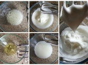 3.糖水煮好后立即离火，加入在打发的蛋白中，打蛋器高速打发，感觉打蛋头有阻力且粘稠有光亮，提起打蛋头如图九所示。低于40度停止打发。