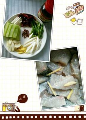 材料准备好 ，切好的草鱼用淀粉，姜丝，料酒腌制一下