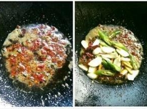 倒出多余的油，放入干辣椒炒香，再加上青椒蒜瓣