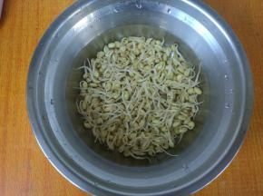 黄豆芽用清水漂洗几遍，捡去豆皮。