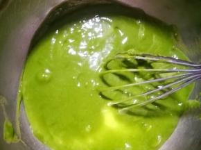 将蛋黄和抹茶面糊充分混合均匀。